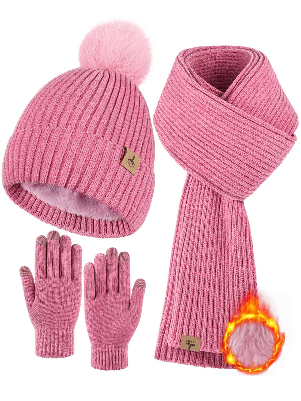 4575 Winter Warm Hat Scarf and Touch Screen Gloves Set, Knitted Pom Beanie